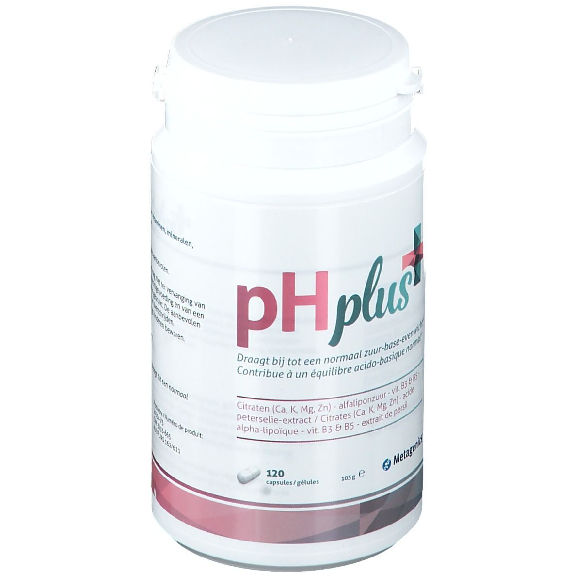 Flacone bianco pH plus+. Contiene 120 capsule. Logo Metagenics.
