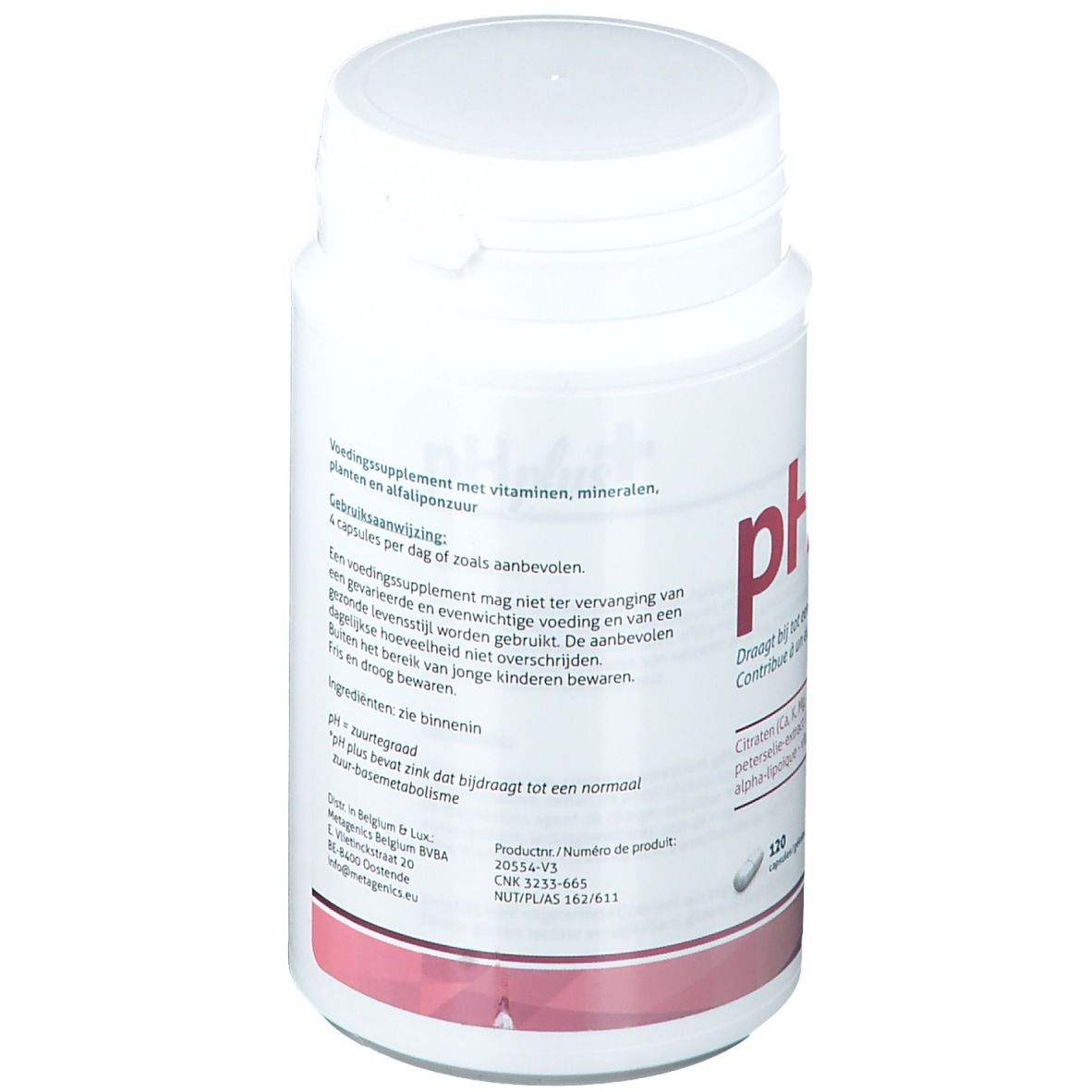 Flacone bianco pH plus+. Contiene 120 capsule. Logo Metagenics.