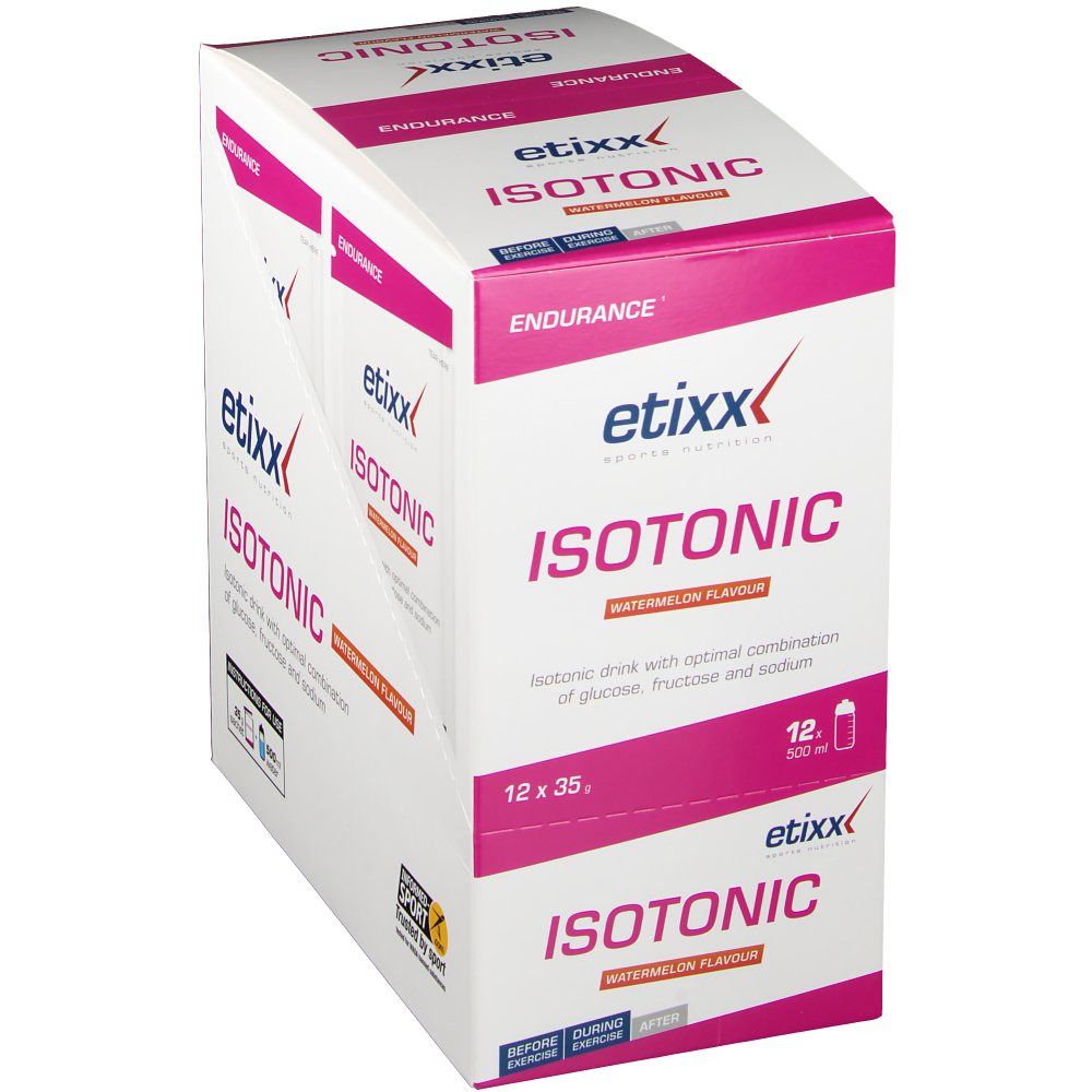 Scatola rosa e bianca con testo ISOTONIC, gusto anguria. 12 bustine. Marchio etixx. Endurance.