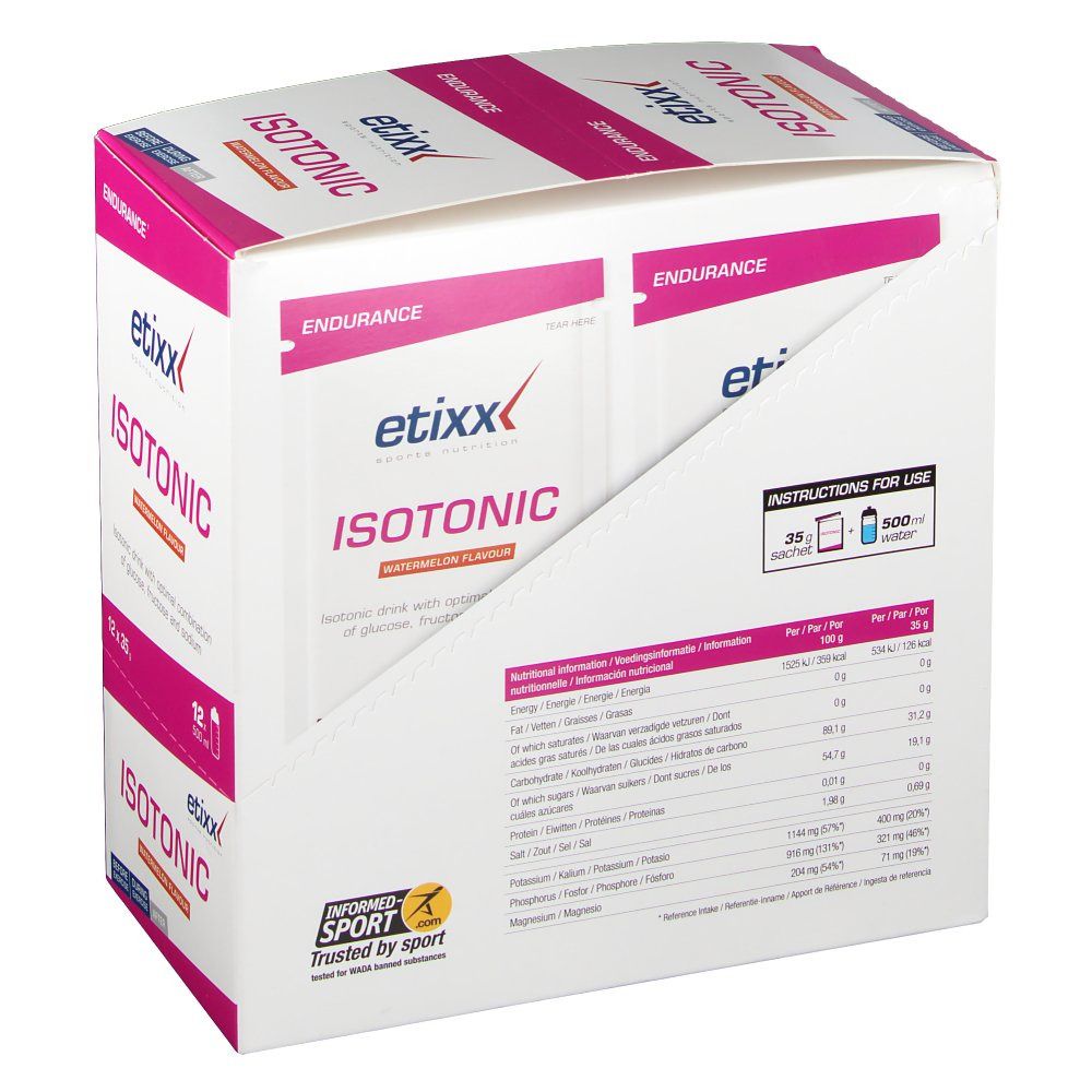 Confezione prodotto aperta. Bustine all'interno. Testo: ISOTONIC, gusto anguria. Informazioni nutrizionali. Marchio etixx.