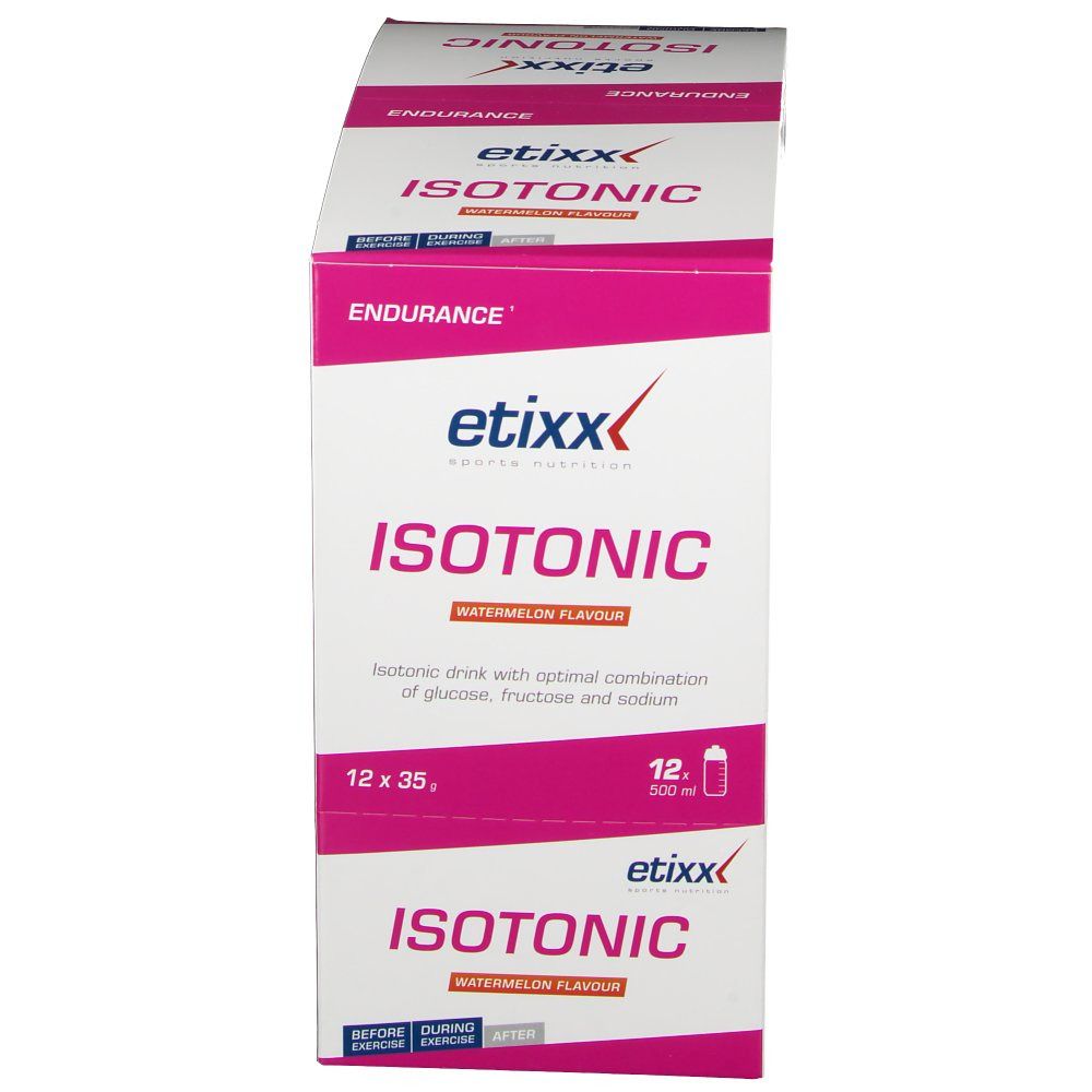 Confezione prodotto con testo: ISOTONIC, gusto anguria. Marchio etixx. 12 bustine. Endurance.