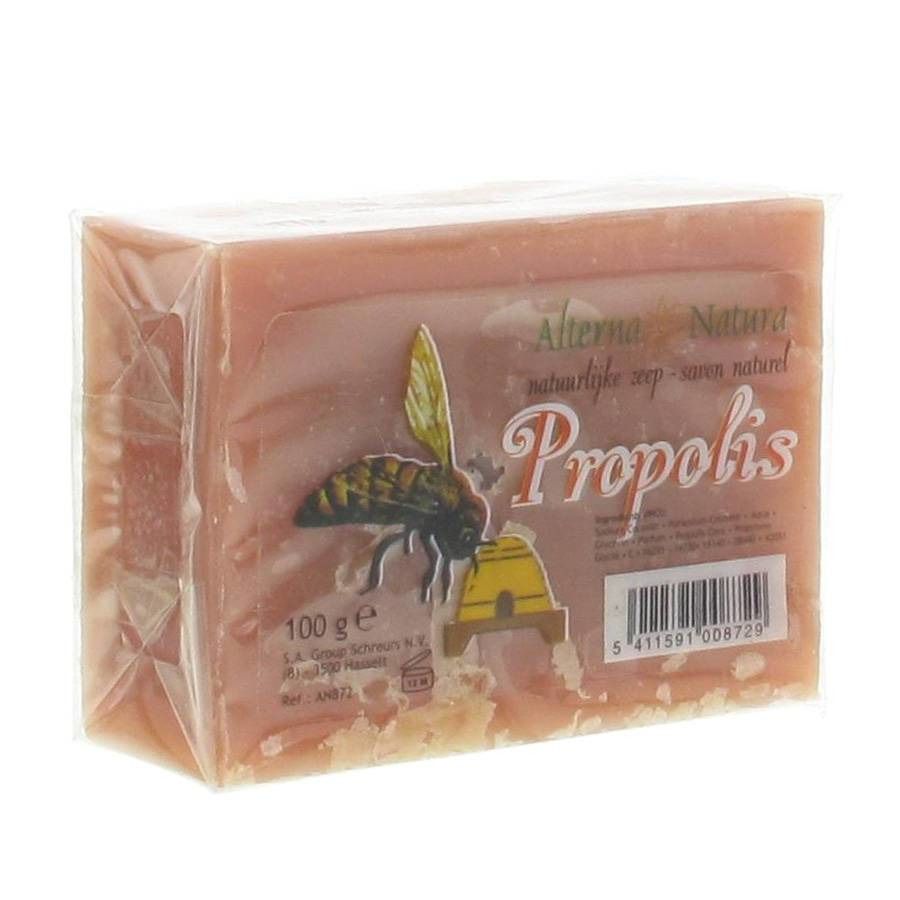 Sapone Propolis rettangolare, confezionato. Stampa con ape, alveare e scritta Propolis. Marchio: Alterna Natura.