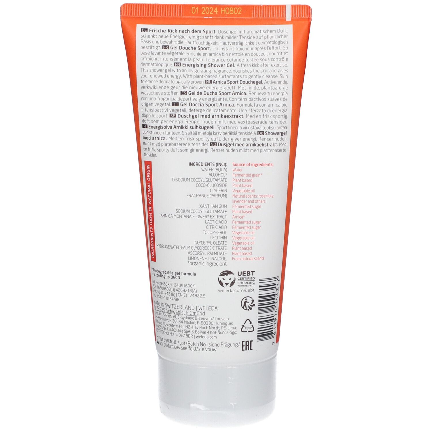 Retro del tubo. Testo: ingredienti, numero di lotto, informazioni produttore. Certificazioni e simboli di riciclo.