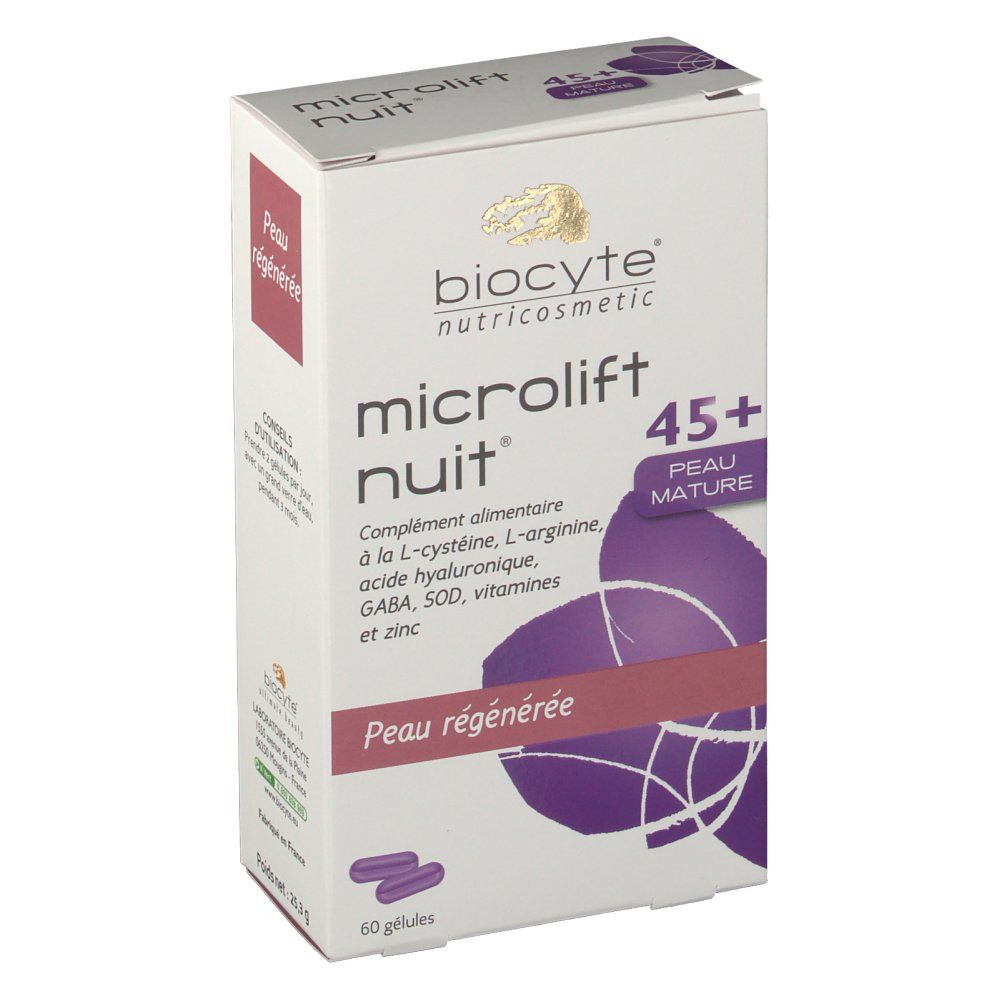 Scatola bianca con nome e logo del prodotto. Accento viola con testo. Due capsule in basso. Testo: 'Peau régénérée'.
