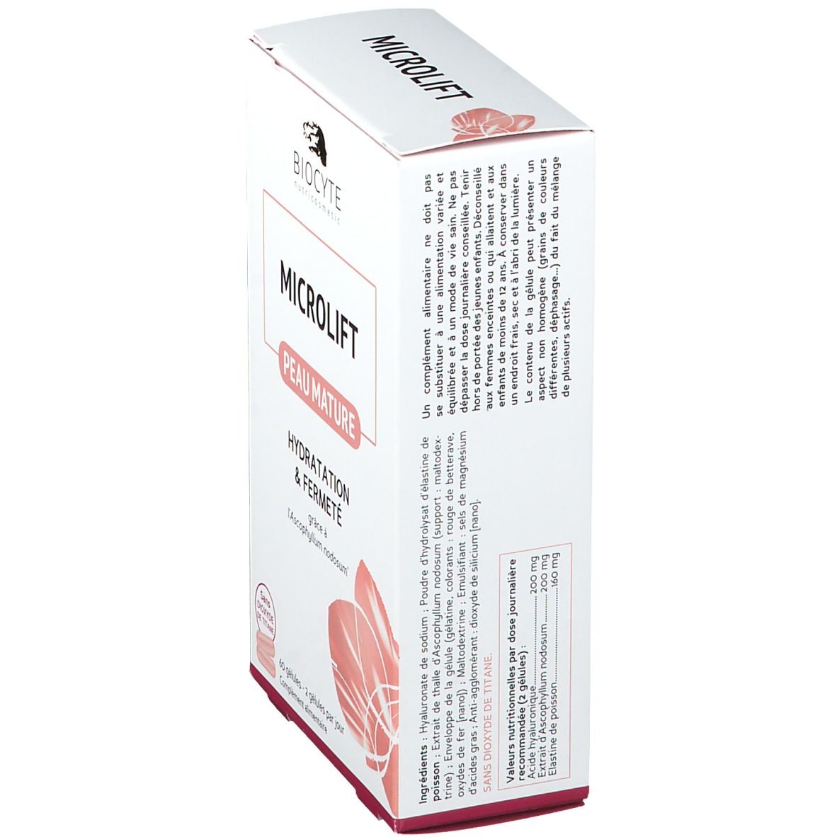 Scatola bianca, vista laterale. Testo: Microlift, Peau Mature, Hydratation & Fermeté. Ingredienti e informazioni nutrizionali visibili.