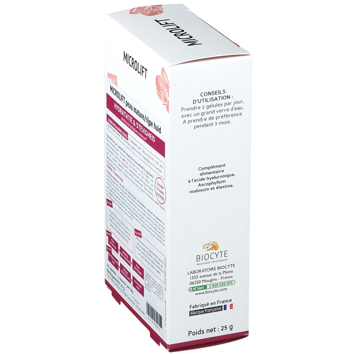 Scatola bianca, vista posteriore. Testo: Microlift, Peau Mature, Hydratation & Fermeté. Istruzioni per l'uso e indirizzo del produttore.