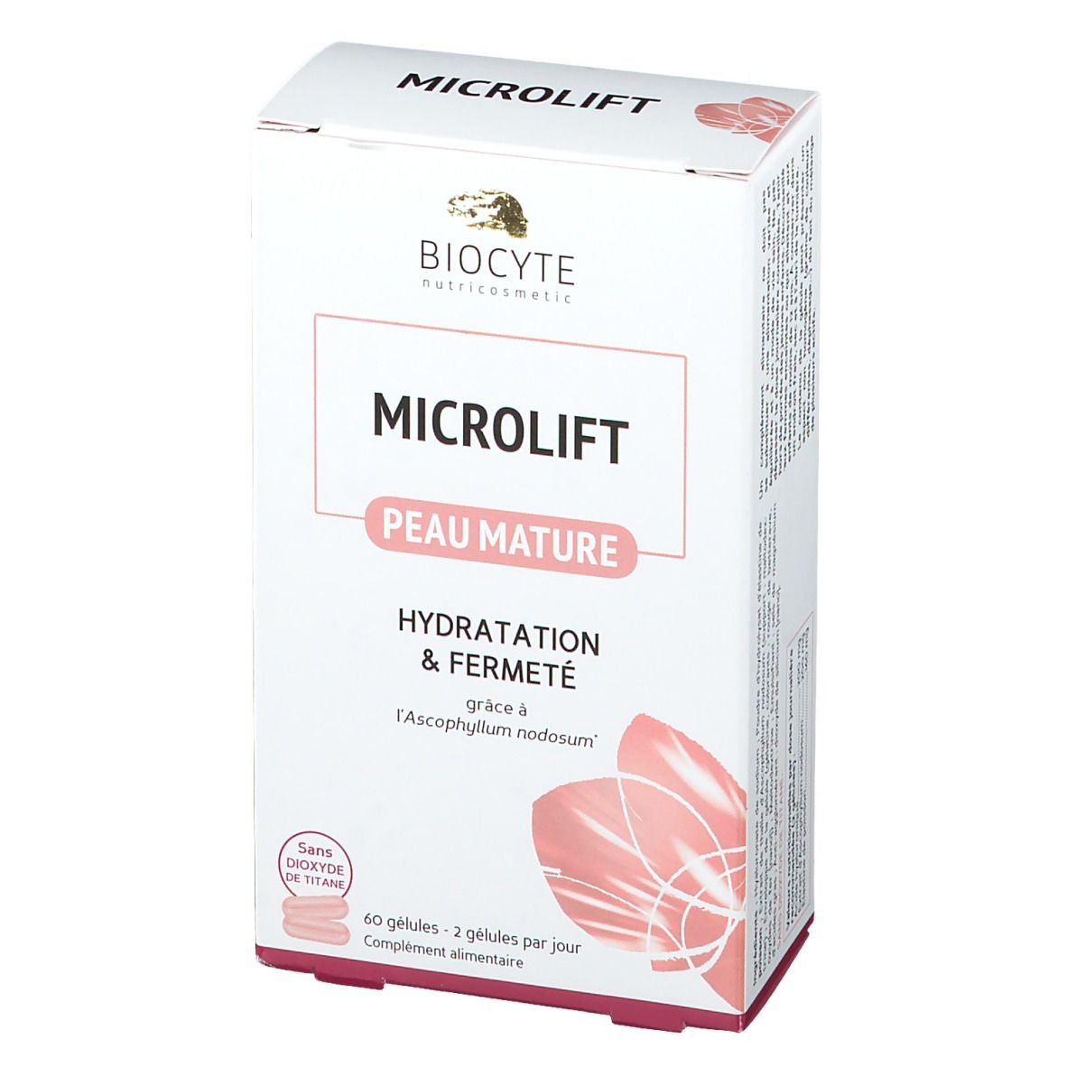 Scatola bianca con logo e nome del prodotto. Testo: Microlift, Peau Mature, Hydratation & Fermeté. Contiene 60 capsule.