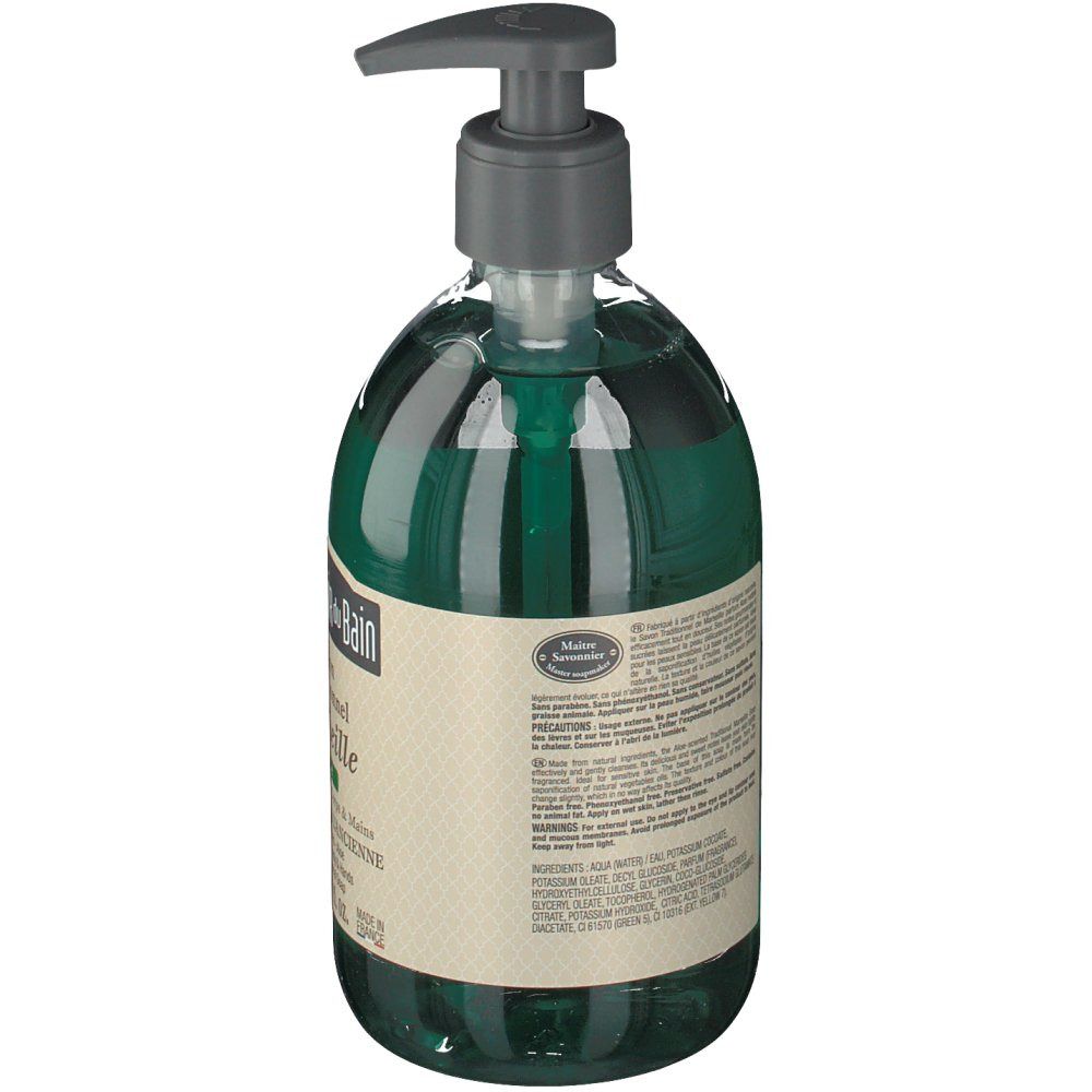 Sapone liquido verde in flacone con dosatore. Retro con testo ed etichetta. Marchio: Le Comptoir du Bain.