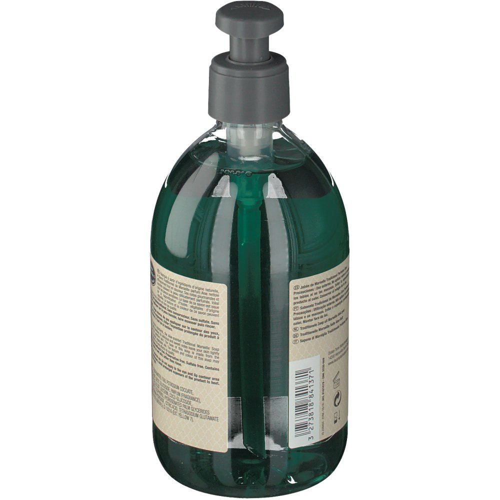 Sapone liquido verde in flacone con dosatore. Retro con testo ed etichetta. Marchio: Le Comptoir du Bain.