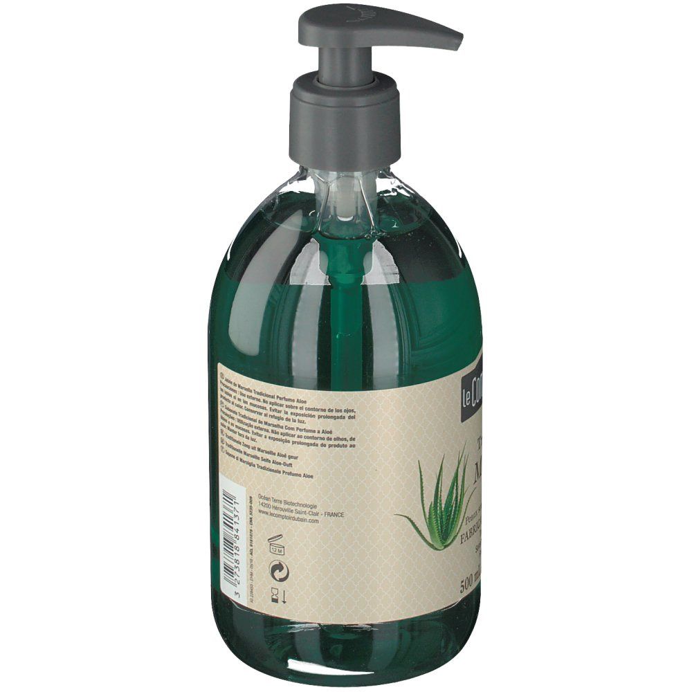 Sapone liquido verde in flacone con dosatore. Retro con testo ed etichetta. Marchio: Le Comptoir du Bain.