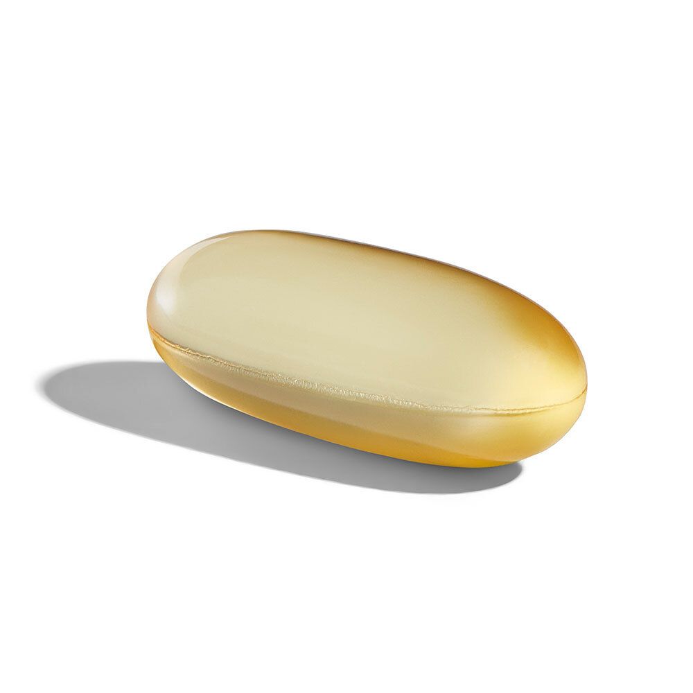 Capsula ovale gialla. Ombra proiettata su sfondo bianco.