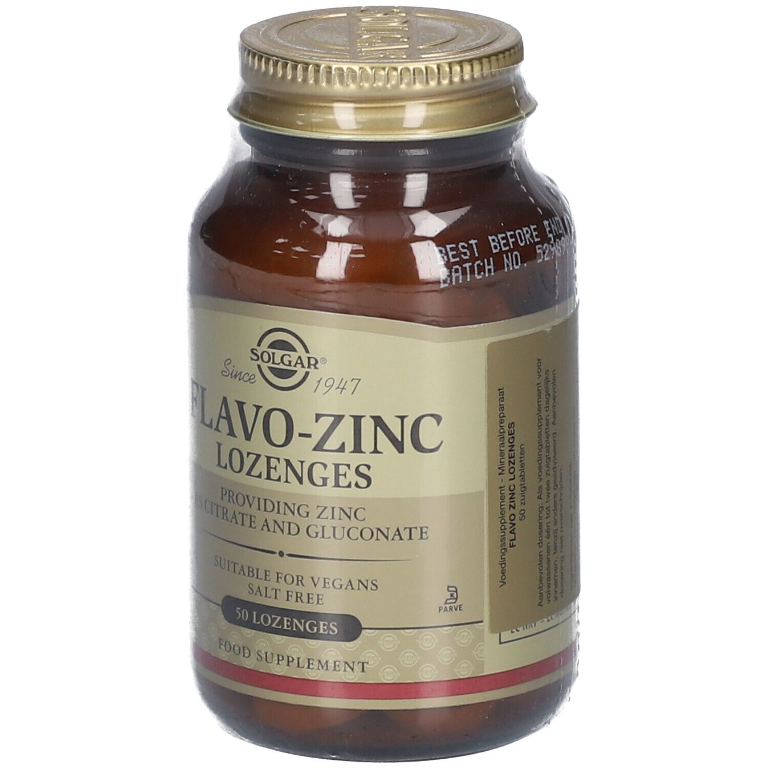 Flacone di vetro marrone con tappo dorato. Etichetta "Solgar Flavo-Zinc Lozenges". Contiene 50 pastiglie. Adatto ai vegani.
