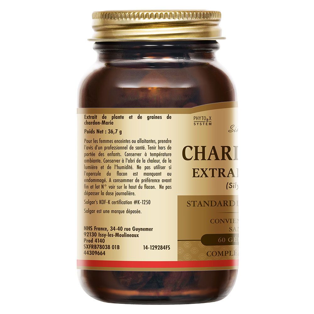 Retro del flacone. Testo: Extrait de plante et de graines de chardon-Marie. Peso 36,7 g. Informazioni e ingredienti.