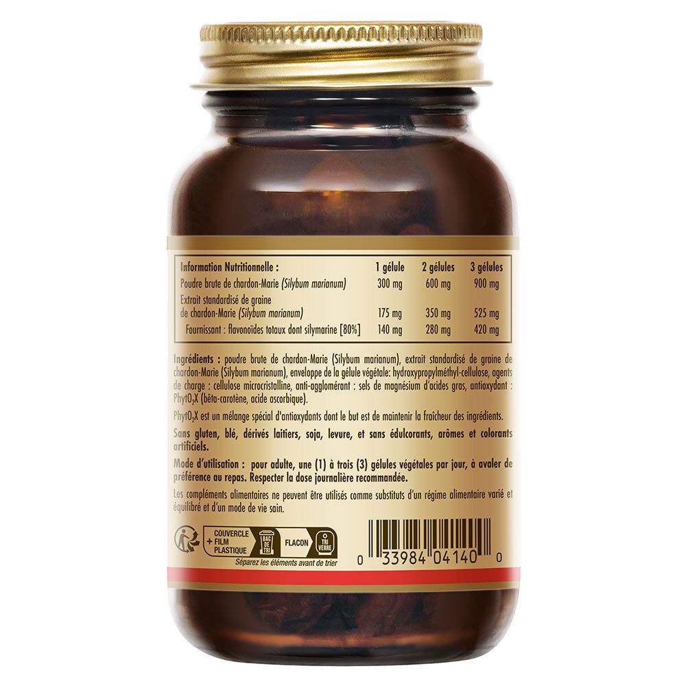 Retro del flacone. Informazioni nutrizionali e ingredienti. Testo: Extrait de chardon-Marie, Silymarine, ingredienti, modo d'uso.