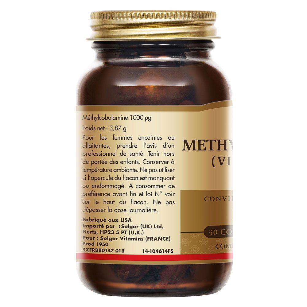 Retro del flacone. Informazioni su Methylcobalamin, 1000 µg. Informazioni produttore e avvertenze.
