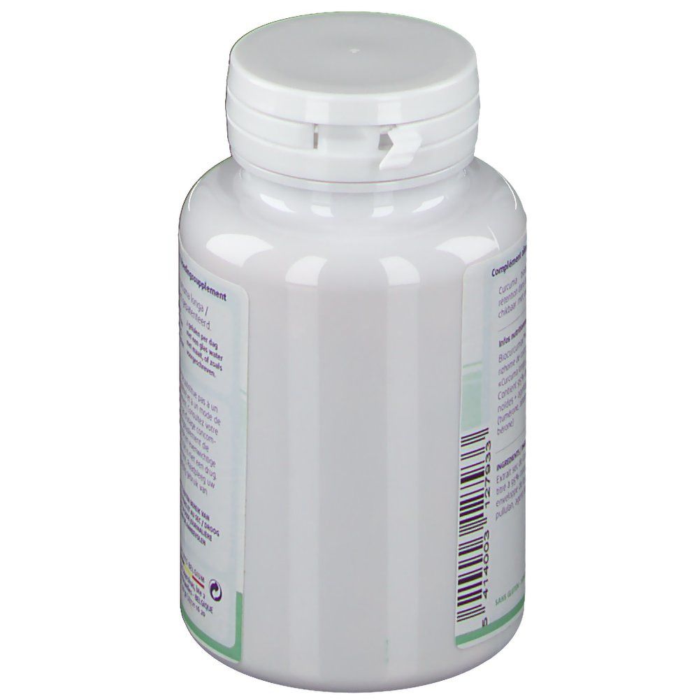 Vista laterale del flacone bianco. Etichetta con testo e codice a barre. Coperchio con chiusura a scatto.