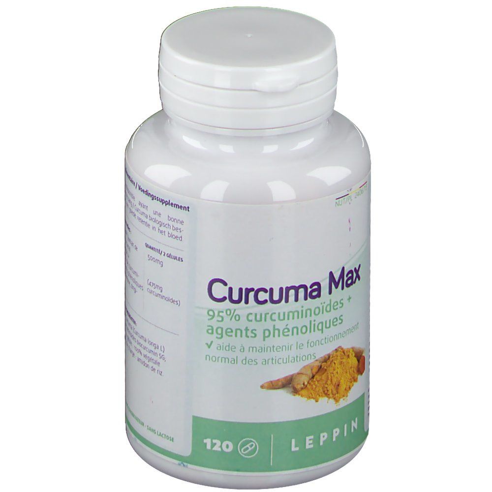 Flacone bianco con etichetta "Curcuma Max". Contiene 120 capsule. Logo Leppin in basso. Immagine di polvere e radici di curcuma.