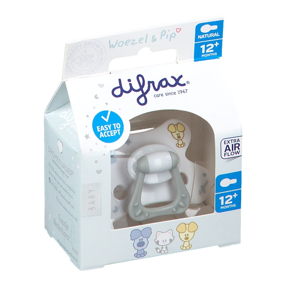 Confezione con succhietto Difrax Natural 12 mesi+. Succhietto grigio con manico. Finestra trasparente.