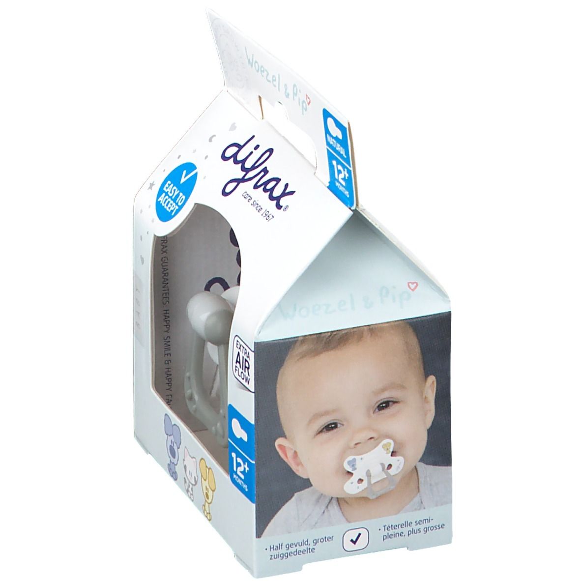 Confezione con succhietto Difrax Natural 12 mesi+. Bambino con succhietto in bocca. Finestra trasparente.