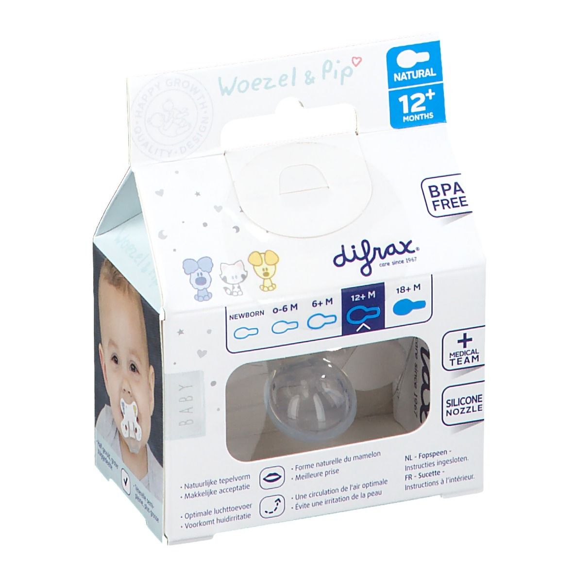 Confezione con succhietto Difrax Natural 12 mesi+. Senza BPA. Tettarella in silicone. Illustrazioni bambino.