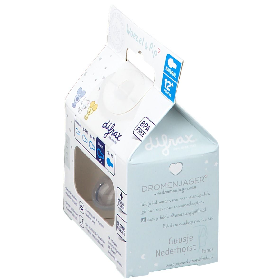 Confezione con succhietto Difrax Natural 12 mesi+. Senza BPA. Illustrazioni bambino. Testo.