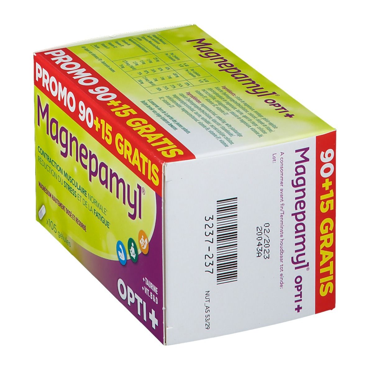Confezione di Magnepamyl Opti+. Scritta: Promo 90+15 Gratis. Contiene 105 capsule. Testo: Magnesio, Taurina, Vitamine B & D.