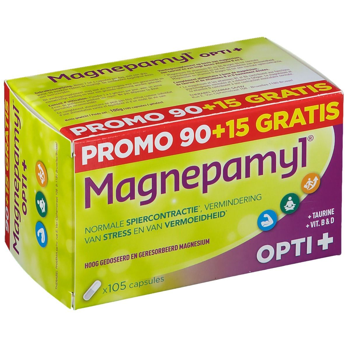 Confezione di Magnepamyl Opti+. Scritta: Promo 90+15 Gratis. Contiene 105 capsule. Testo: Magnesio, Taurina, Vitamine B & D.