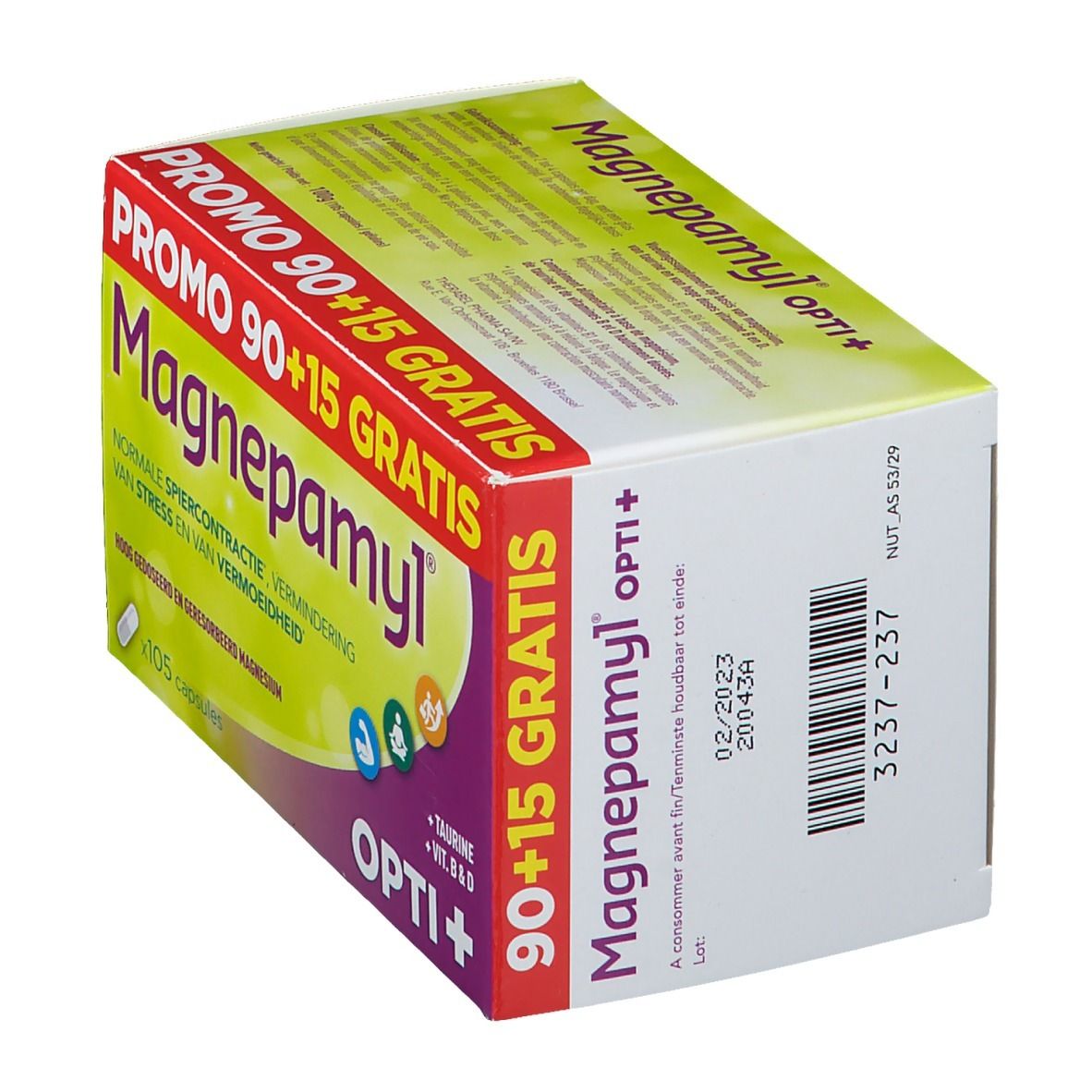 Confezione di Magnepamyl Opti+. Scritta: Promo 90+15 Gratis. Contiene 105 capsule. Testo: Magnesio, Taurina, Vitamine B & D.