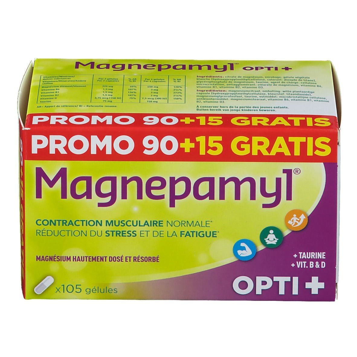 Confezione di Magnepamyl Opti+. Scritta: Promo 90+15 Gratis. Contiene 105 capsule. Testo: Magnesio, Taurina, Vitamine B & D.