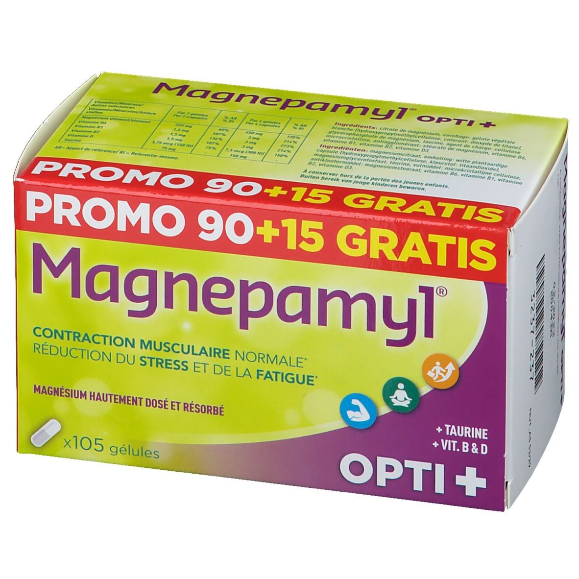 Confezione di Magnepamyl Opti+. Scritta: Promo 90+15 Gratis. Contiene 105 capsule. Testo: Magnesio, Taurina, Vitamine B & D.