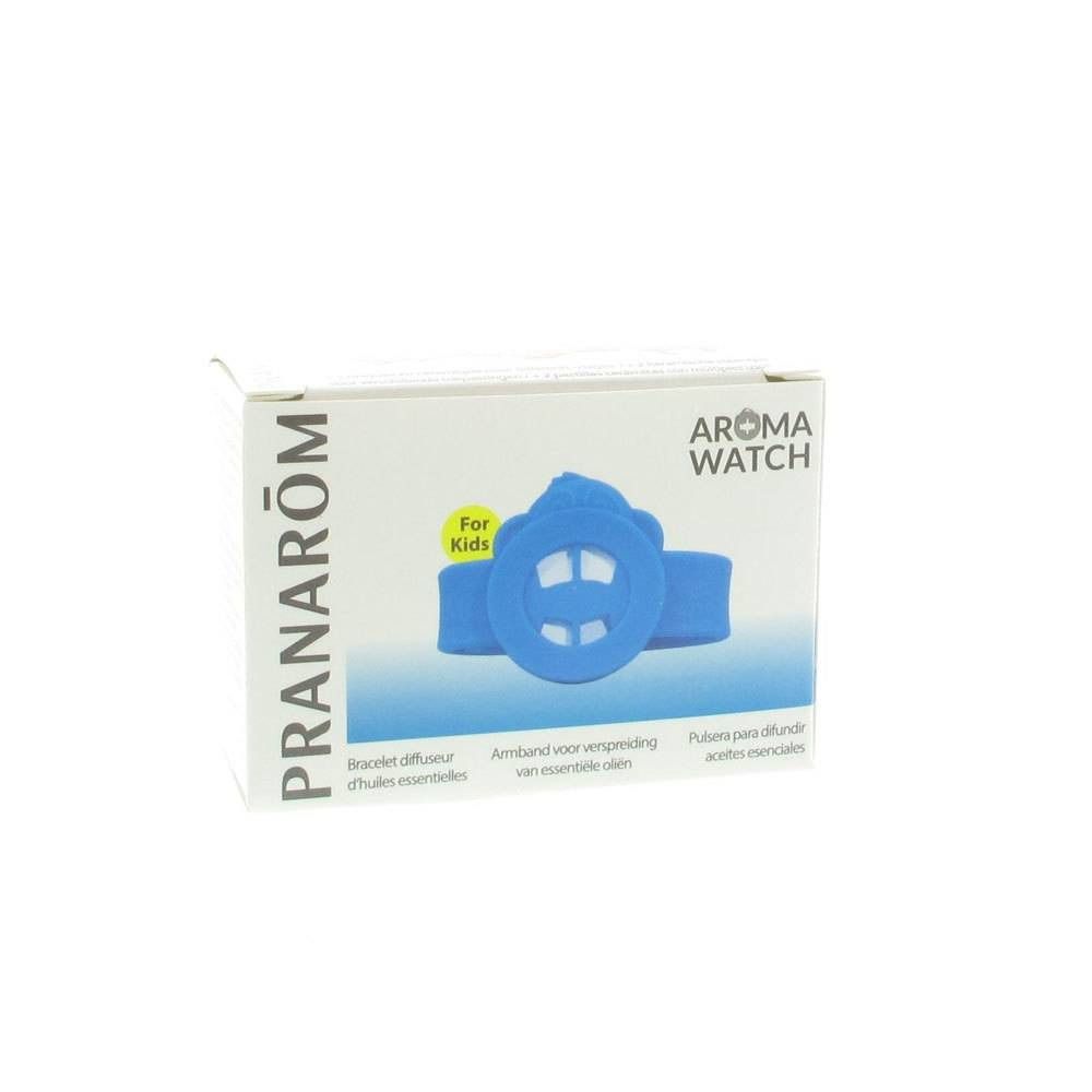 Braccialetto blu con diffusore rotondo. Scatola con scritte "PRANAROM" e "AROMA WATCH". Per bambini.