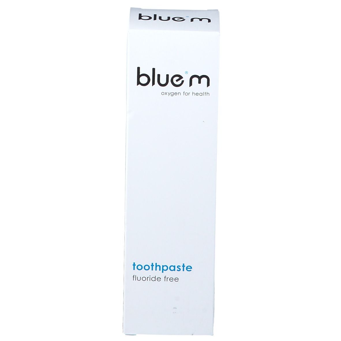 Scatola di dentifricio. Scritta: bluem, oxygen for health, toothpaste, fluoride free.
