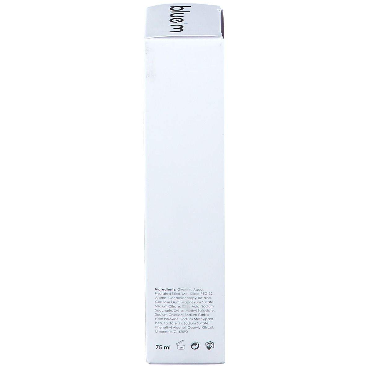 Retro della scatola del dentifricio. Testo: ingredienti, 75 ml, informazioni produttore.