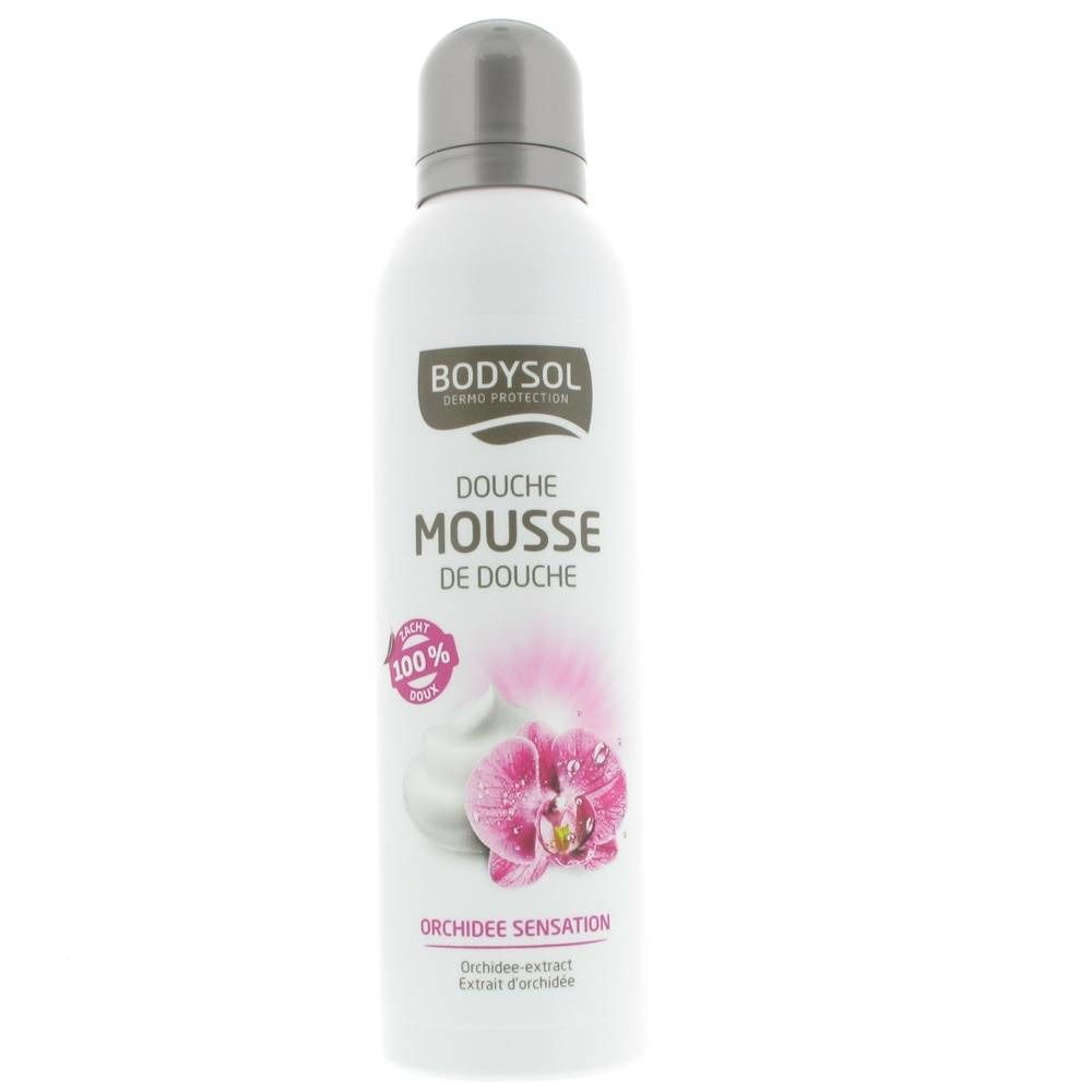 Flacone bianco Bodysol Dusch Mousse, tappo grigio. Scritta: Orchidée, Mousse de Douche. Fiore di orchidea rosa.