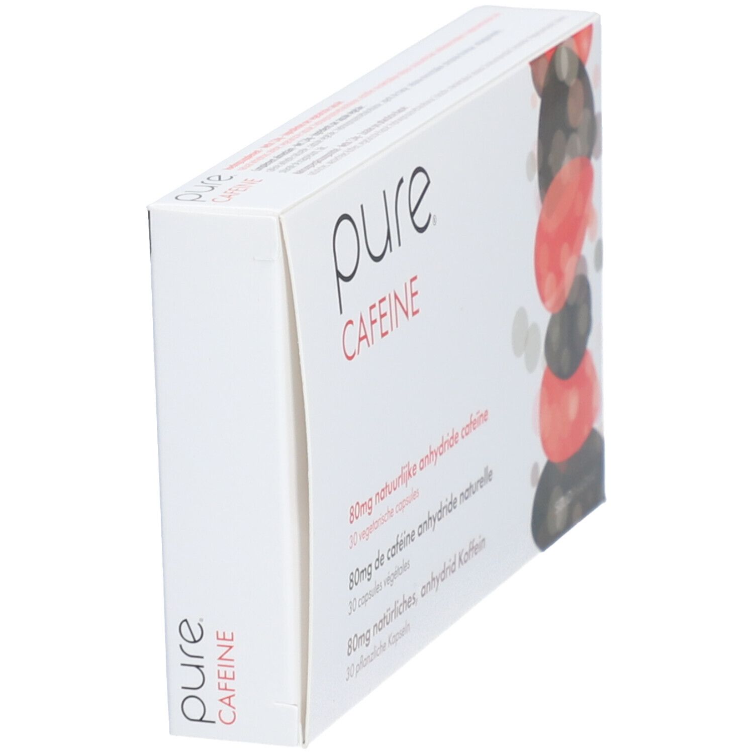 Scatola bianca "pure CAFFEINE" in prospettiva. Design con cerchi colorati.