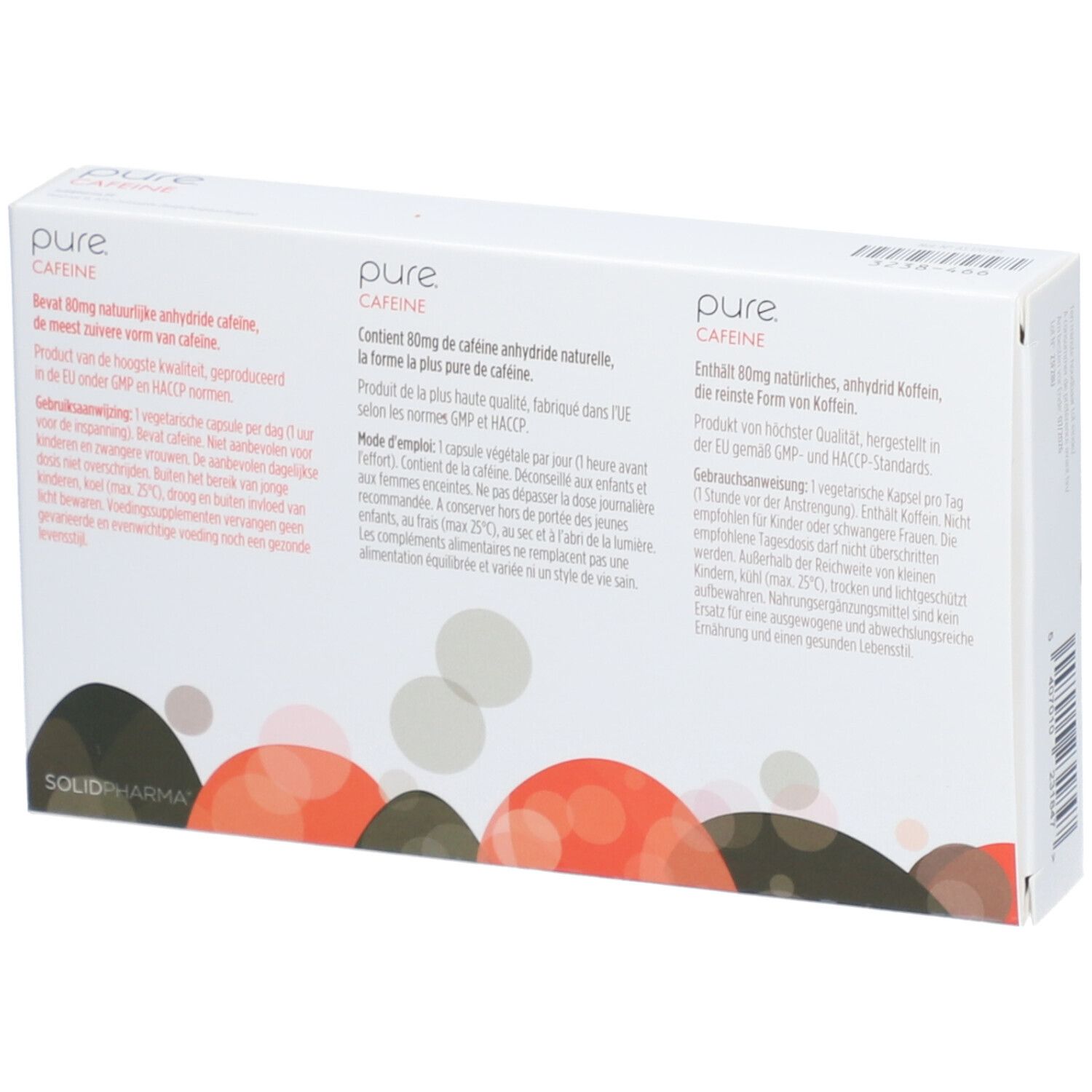 Retro della scatola bianca "pure CAFFEINE". Testo multilingue e design.