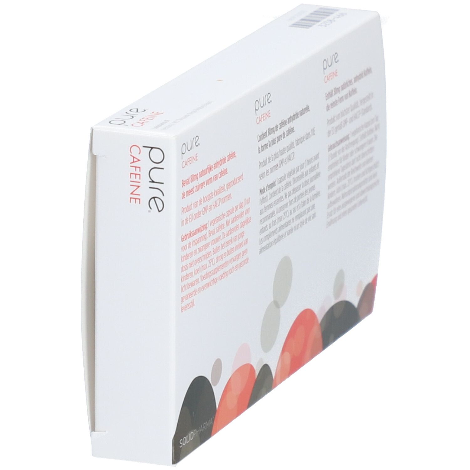 Scatola "pure CAFFEINE" in prospettiva. Testo multilingue sul retro.
