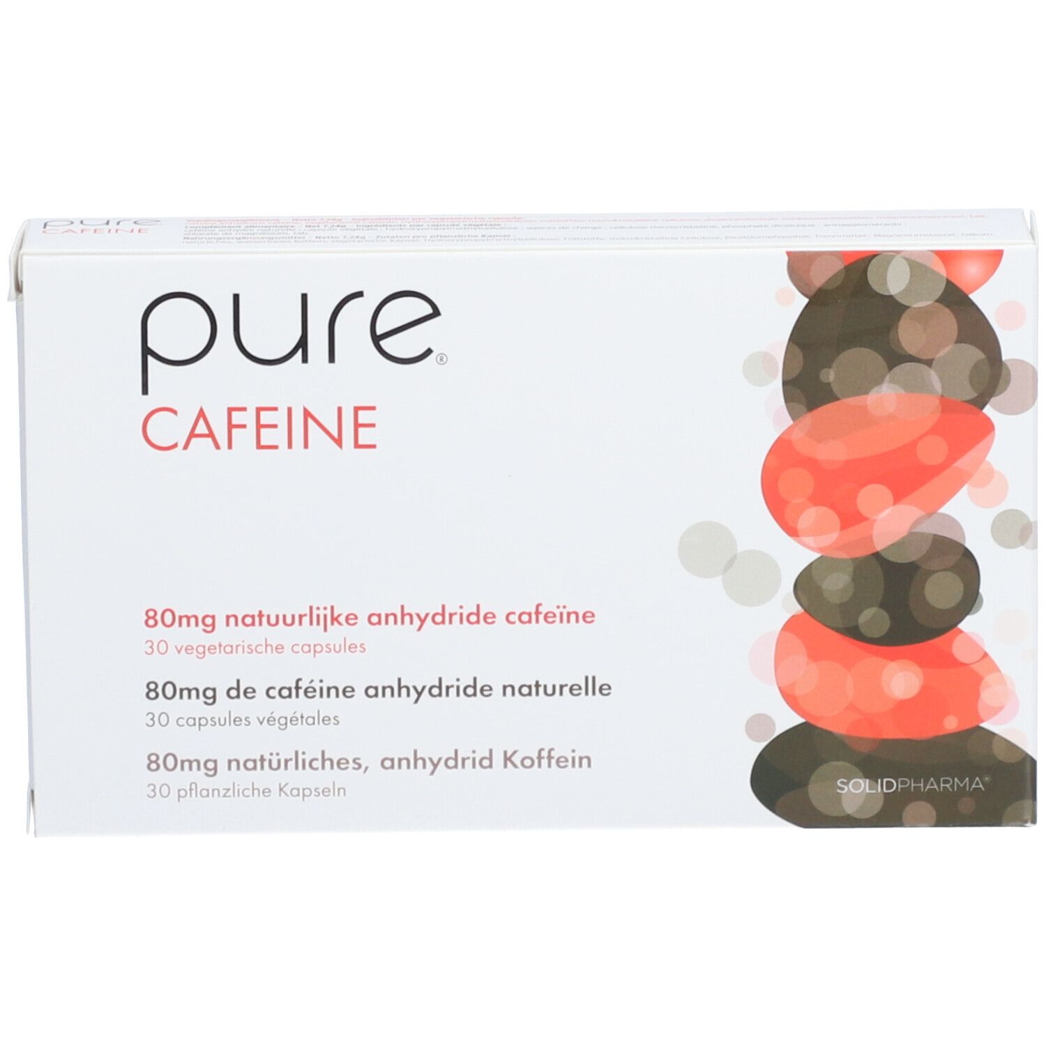Scatola bianca "pure CAFFEINE". Contiene capsule. Testo e design multilingue.