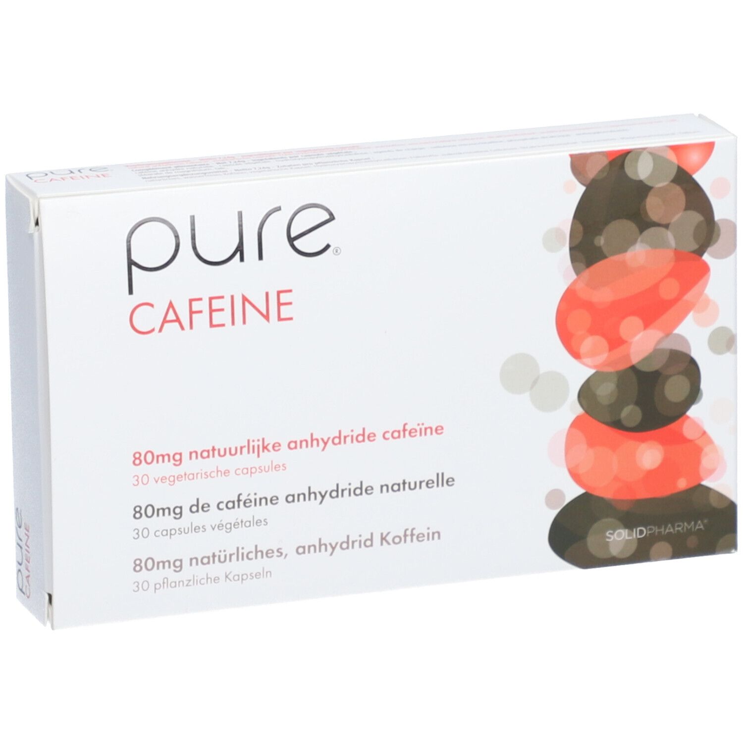 Scatola bianca "pure CAFFEINE". Contiene capsule. Testo e design multilingue.