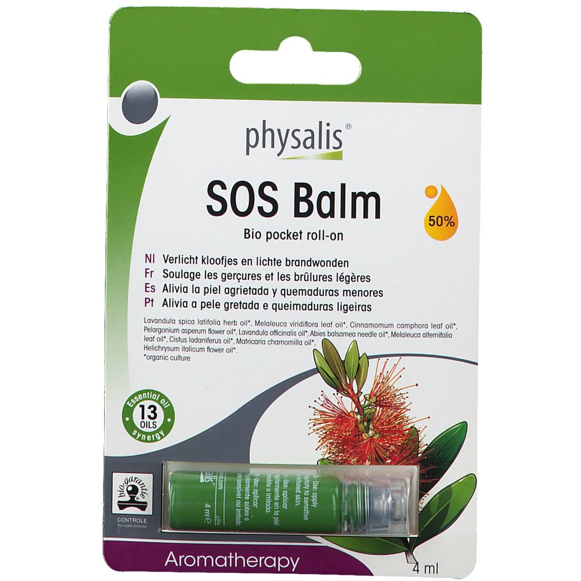 Confezione verde con nome prodotto physalis® SOS Balm. Flacone roll-on in blister. Contiene 13 oli essenziali.