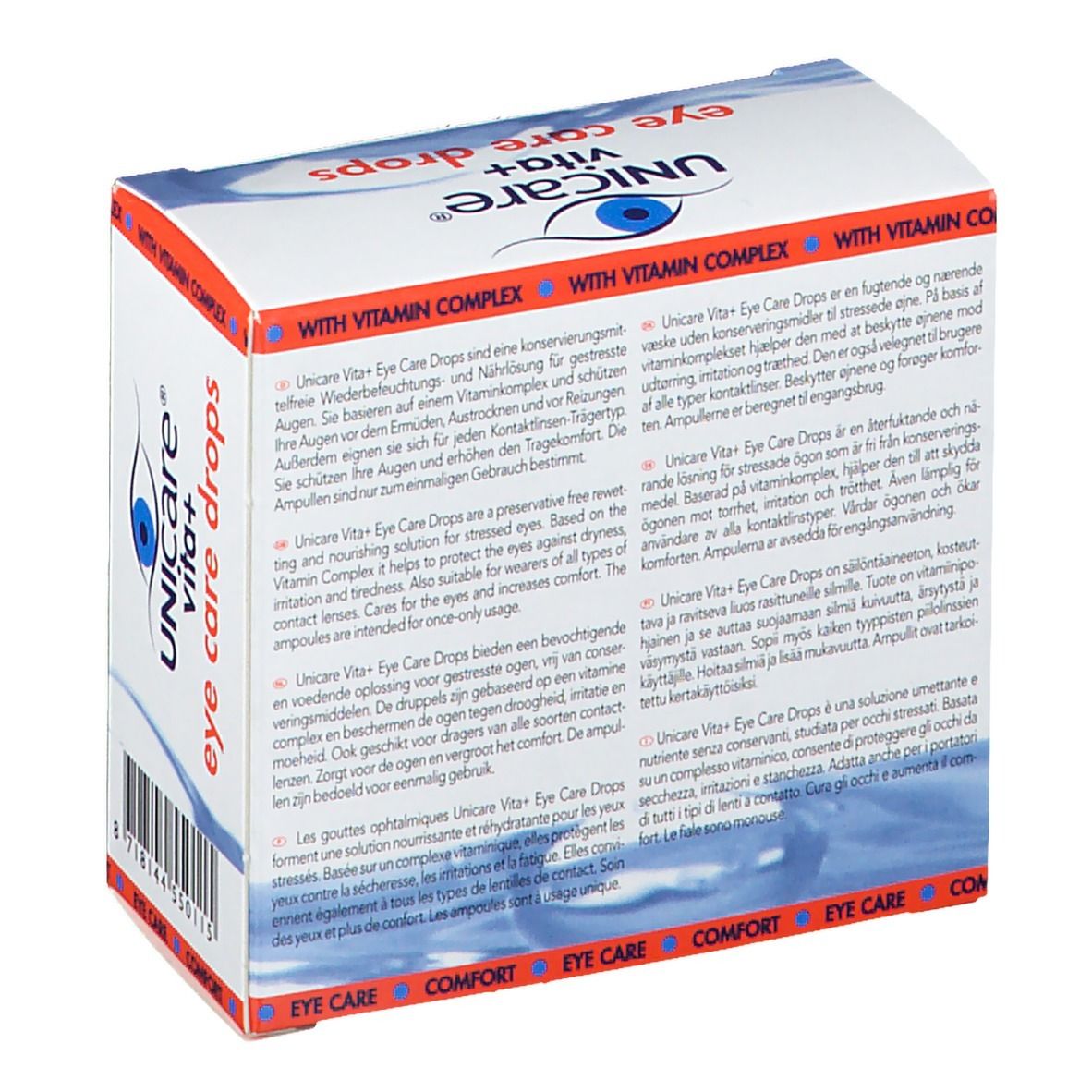 Scatola bianca Unicare Vita+ collirio. Testo in più lingue. Scritta: eye care drops, senza conservanti.