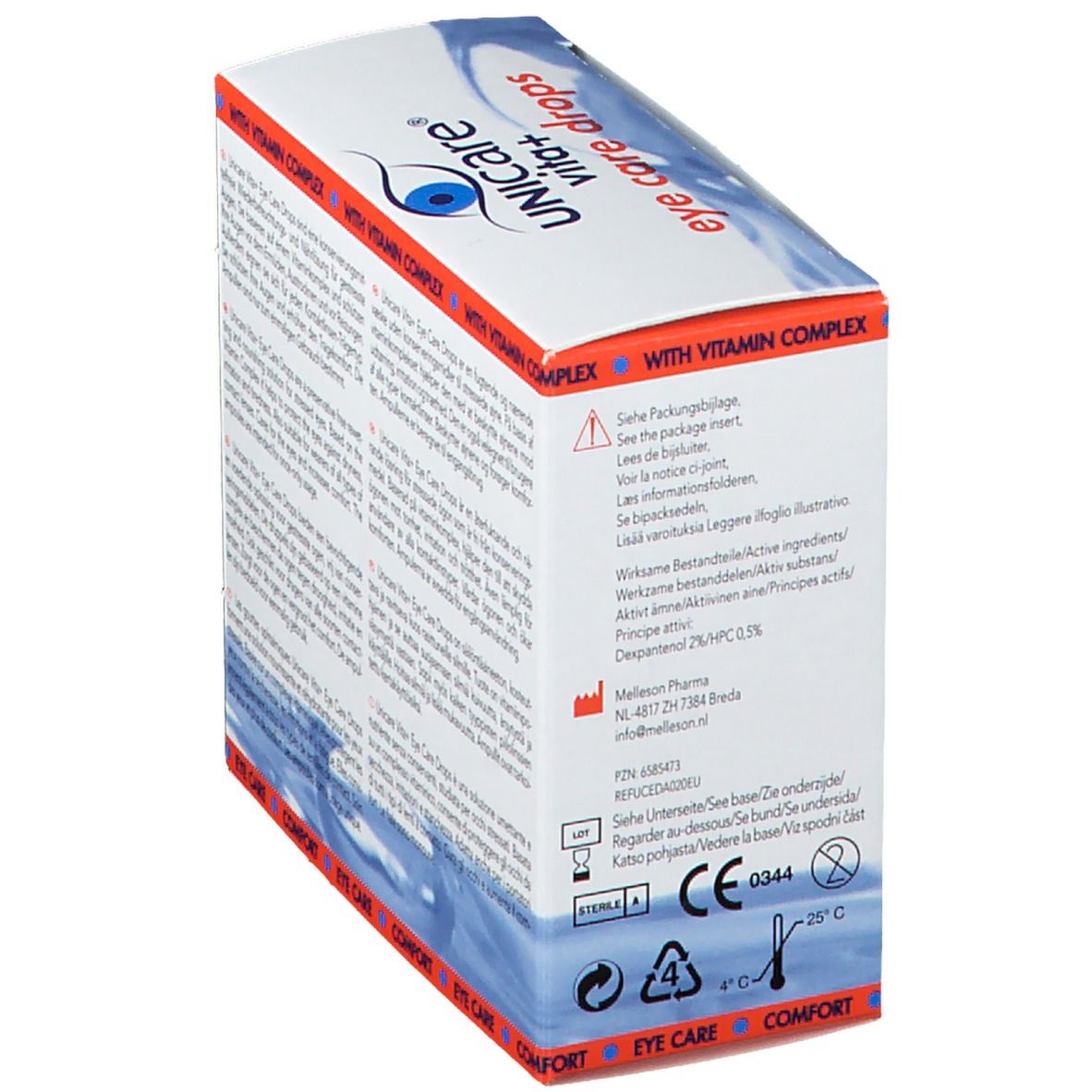 Retro della scatola bianca Unicare Vita+ collirio. Contiene informazioni e avvertenze. Marchio CE.