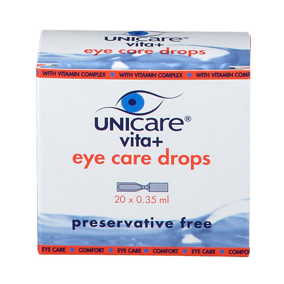 Fronte della scatola bianca Unicare Vita+ collirio. Scritta: eye care drops, senza conservanti. 20 fiale.