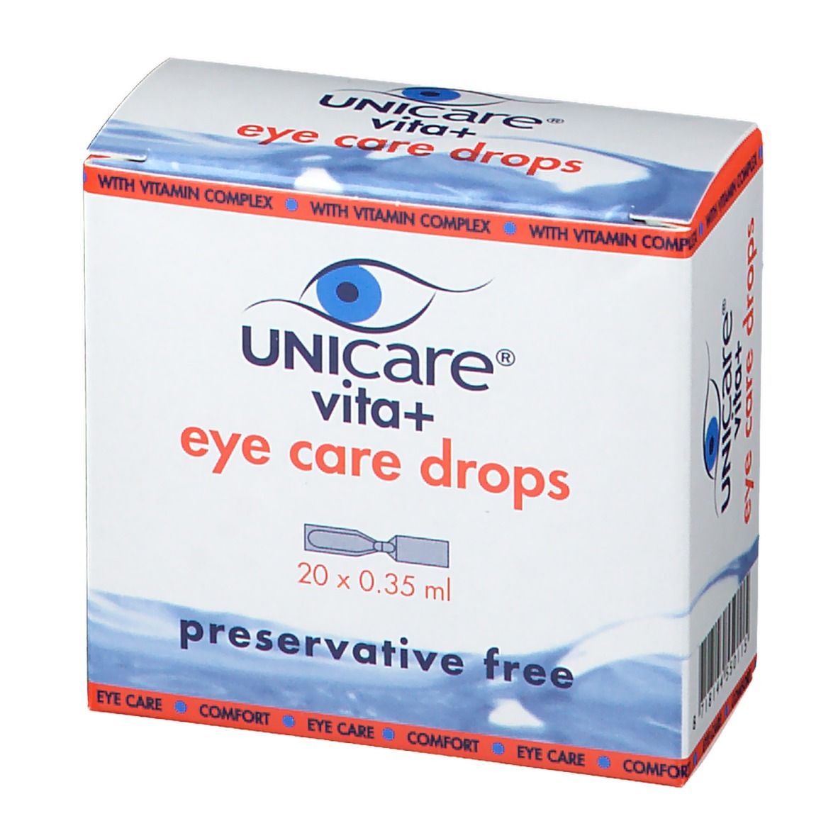 Scatola bianca Unicare Vita+ collirio. Scritta: eye care drops, senza conservanti. Con codice a barre.