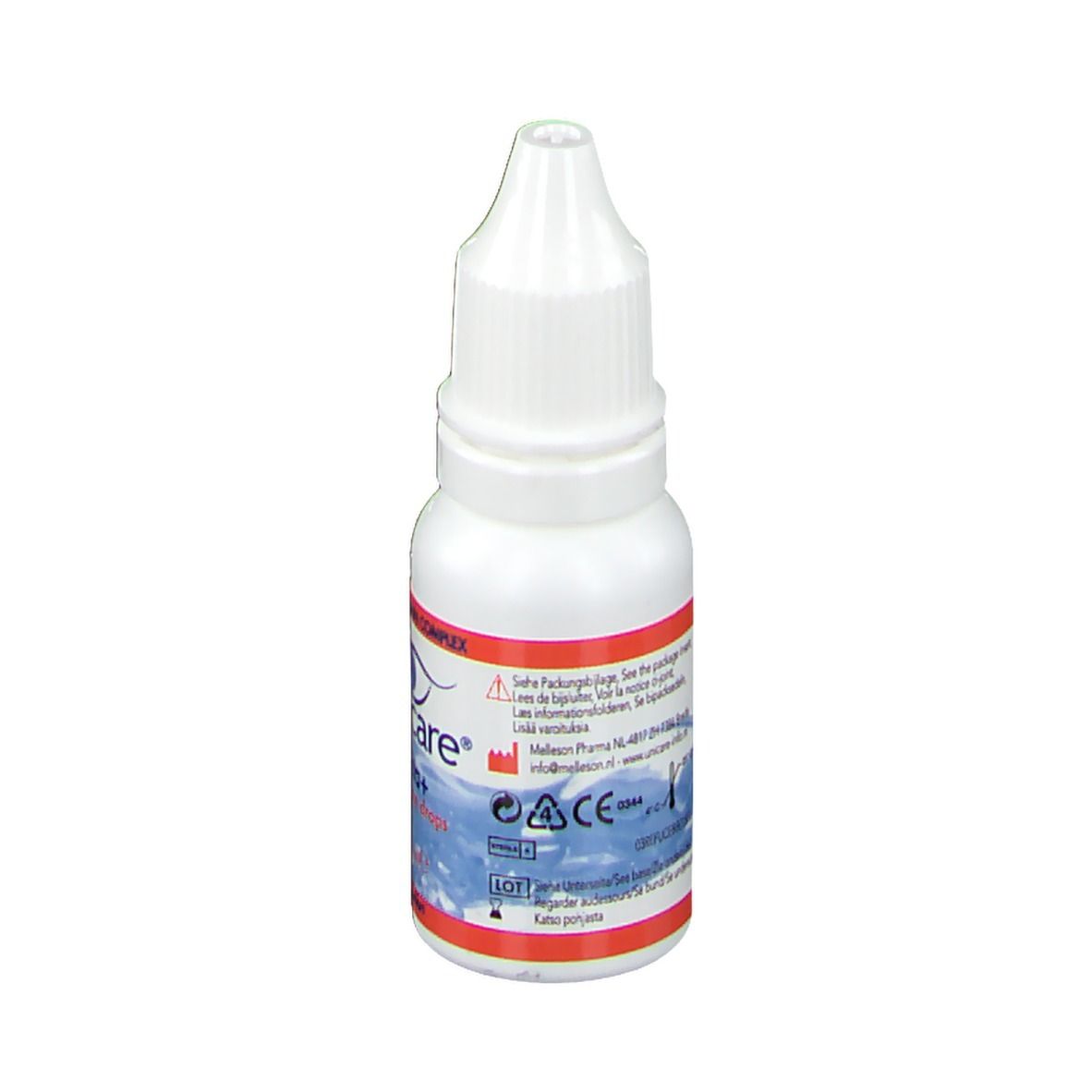 Flacone bianco di collirio. Scritta: UNICARE vita+ eye care drops. 15 ml. Con marchio CE.