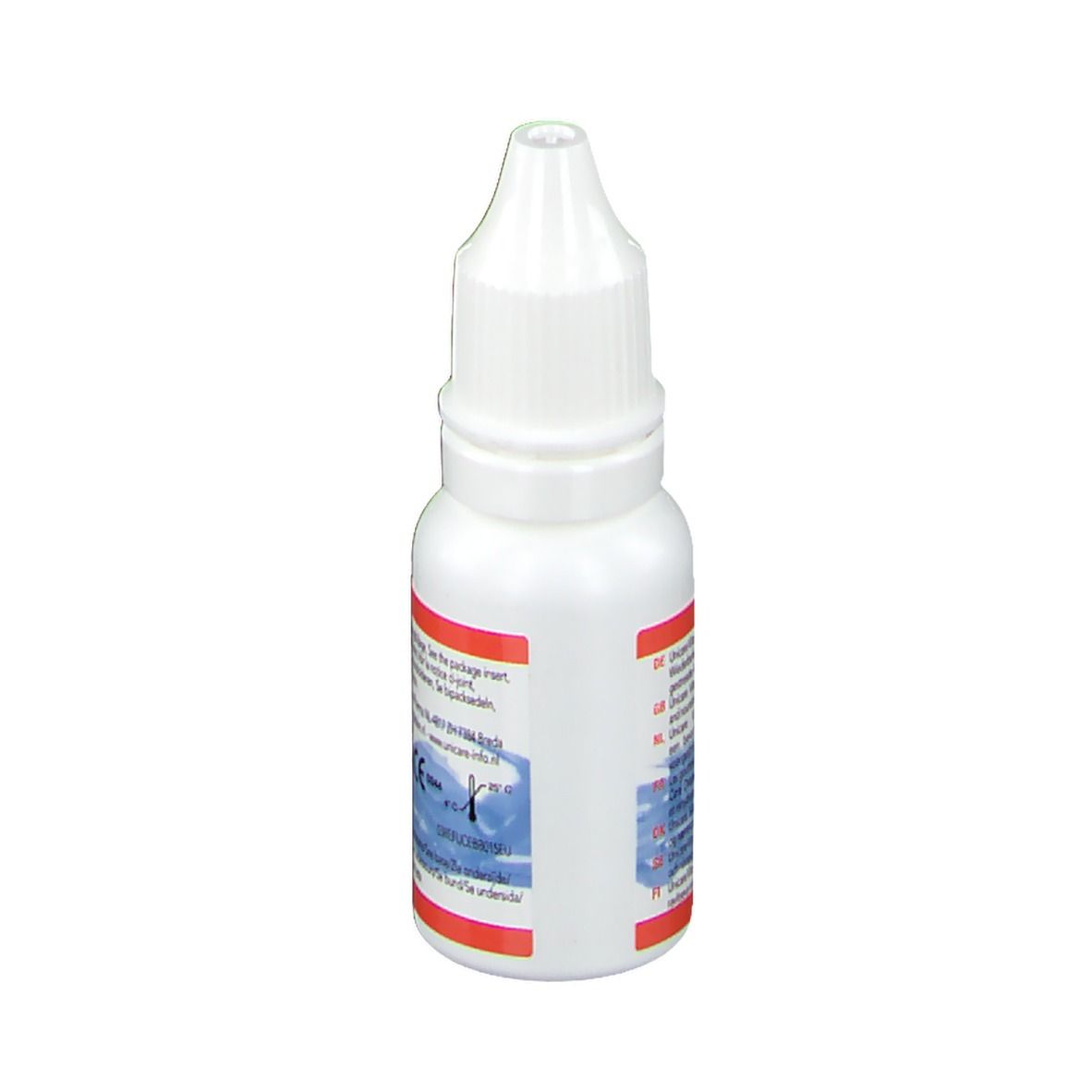 Flacone bianco di collirio. Scritta: UNICARE vita+ eye care drops. Testo multilingue.