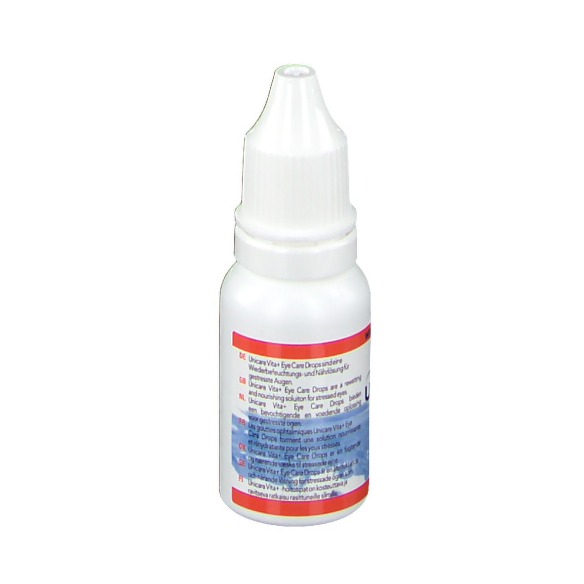 Flacone bianco di collirio. Scritta: UNICARE vita+ eye care drops. Testo multilingue.