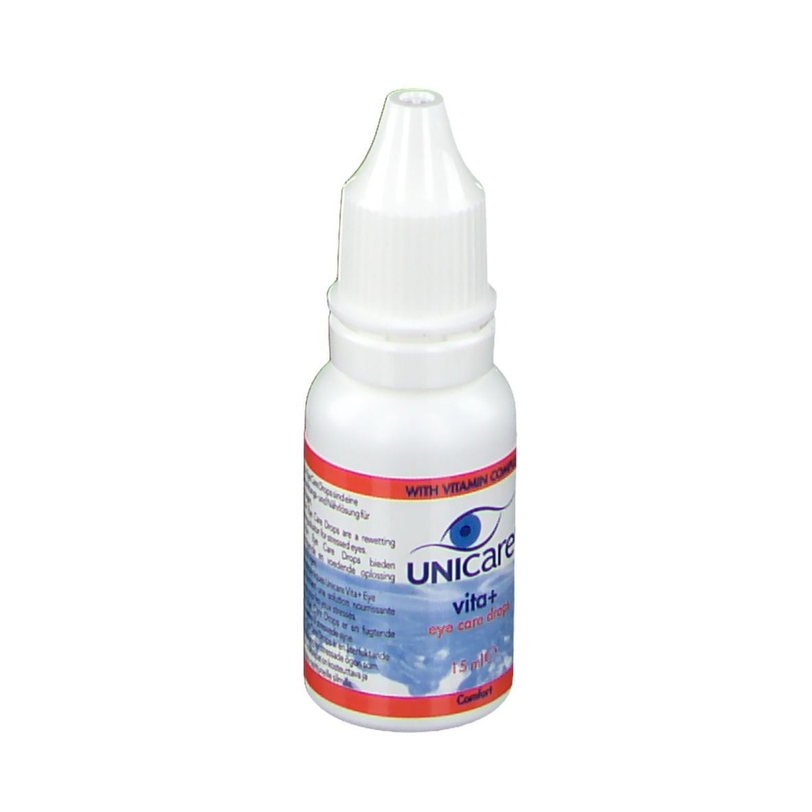 Flacone bianco di collirio. Scritta: UNICARE vita+ eye care drops. 15 ml. Con complesso vitaminico.