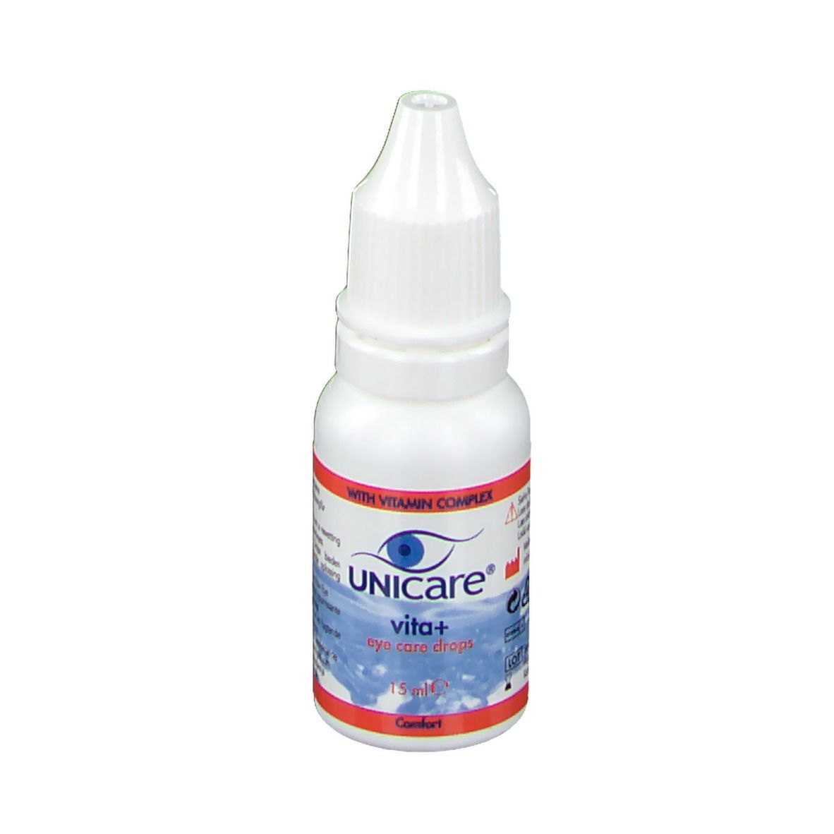 Flacone bianco di collirio. Scritta: UNICARE vita+ eye care drops. 15 ml. Con complesso vitaminico.