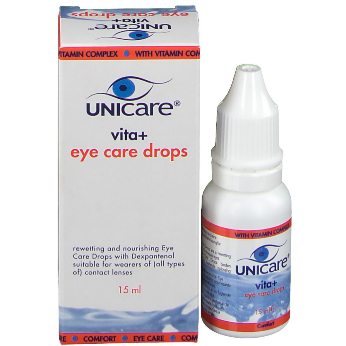 Scatola e flacone di collirio. Scritta: UNICARE vita+ eye care drops. 15 ml. Con complesso vitaminico.